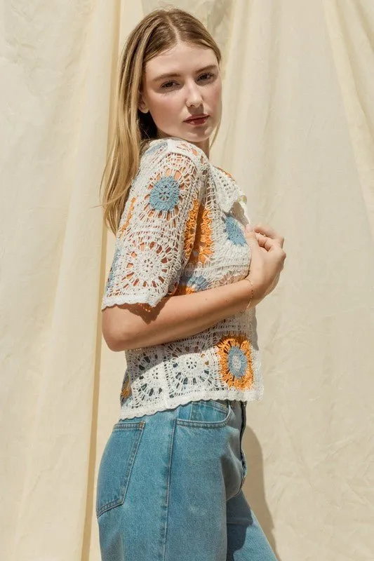 Short Sleeve Button Down Crochet Top