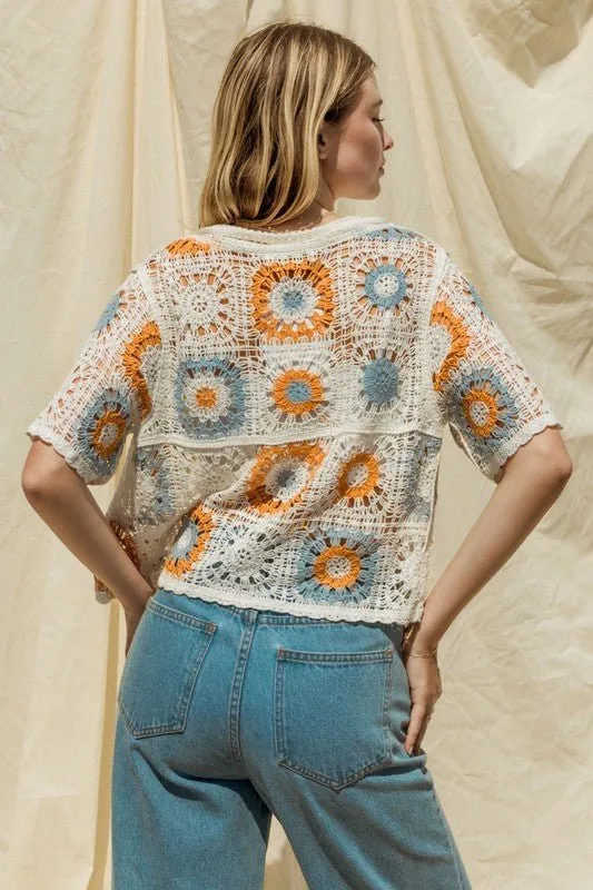 Short Sleeve Button Down Crochet Top