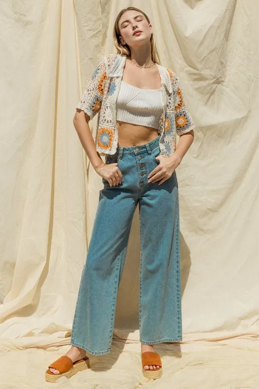 Short Sleeve Button Down Crochet Top
