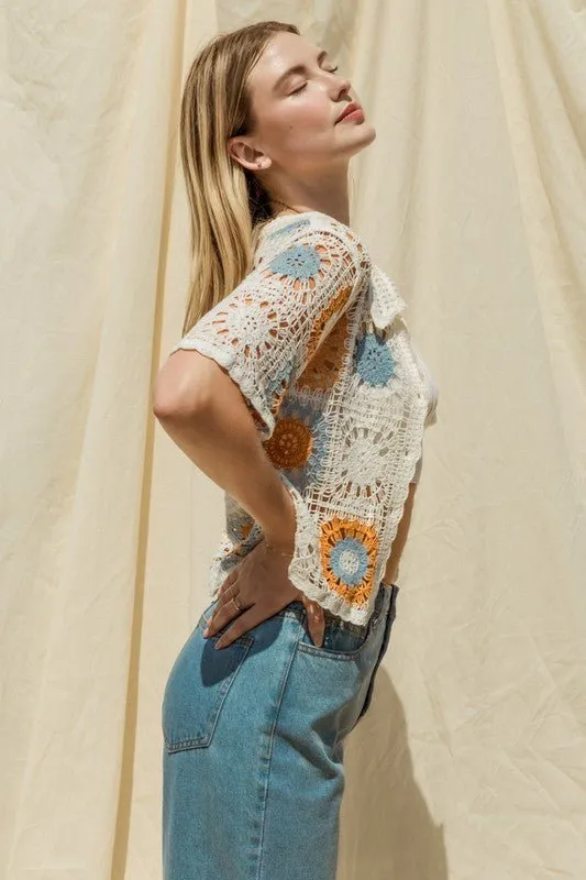 Short Sleeve Button Down Crochet Top
