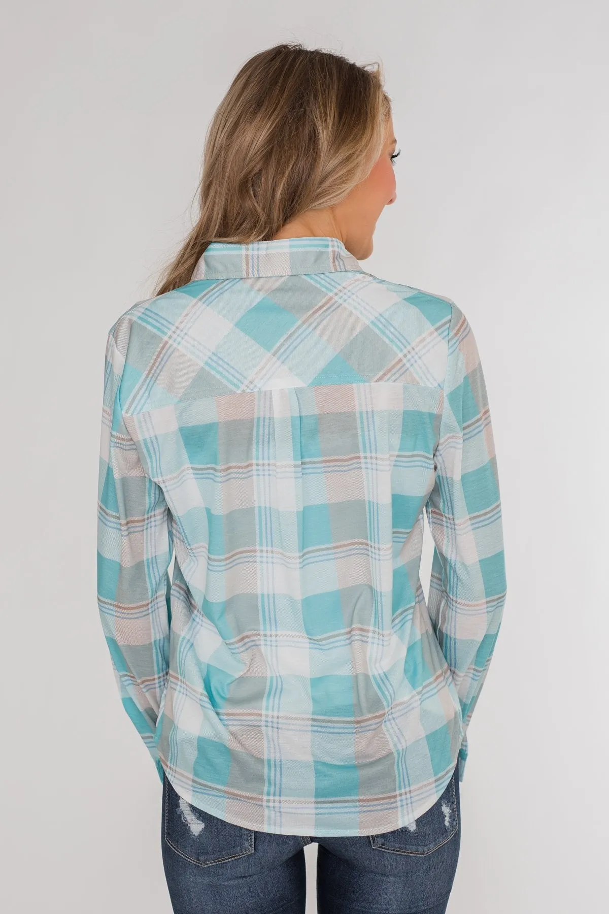 Signals to You Plaid Button-Up Top- Tiffany Blue