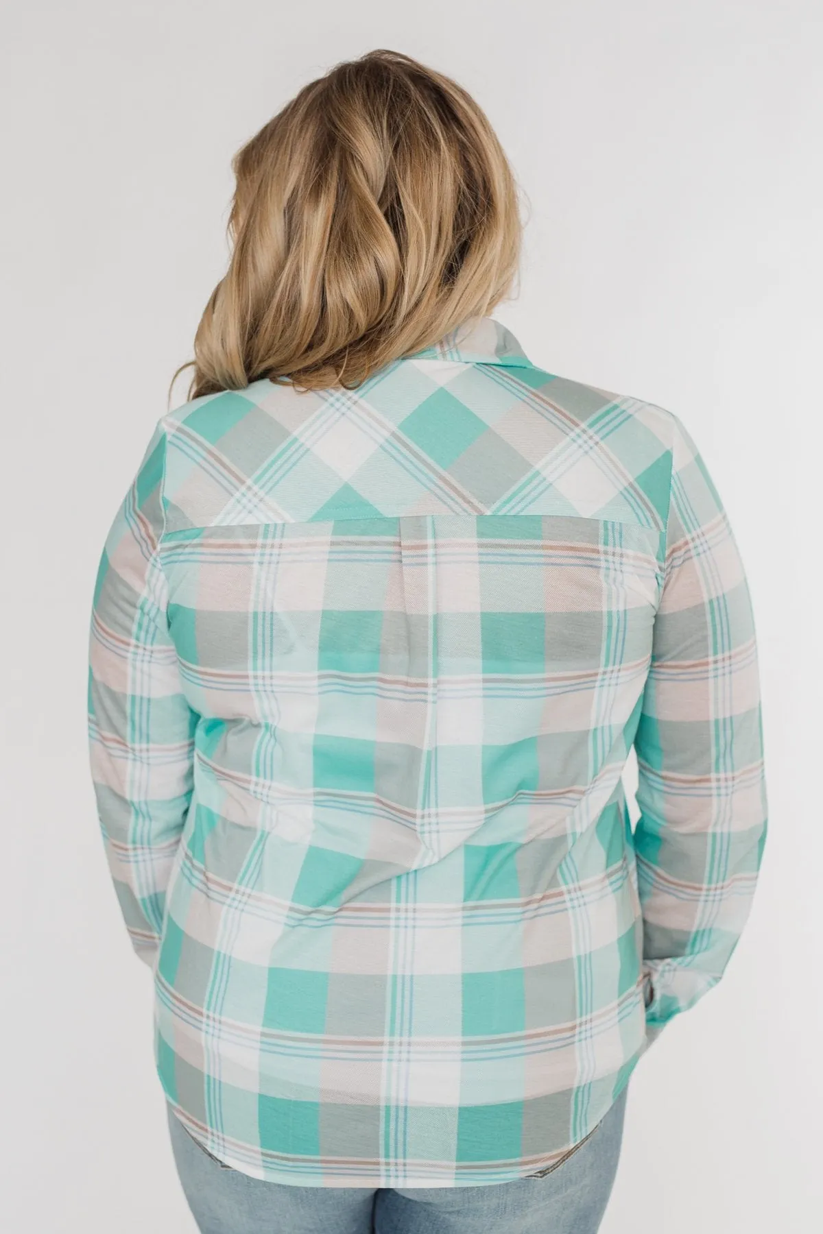 Signals to You Plaid Button-Up Top- Tiffany Blue