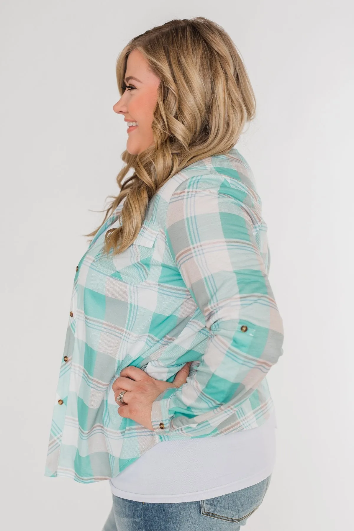 Signals to You Plaid Button-Up Top- Tiffany Blue