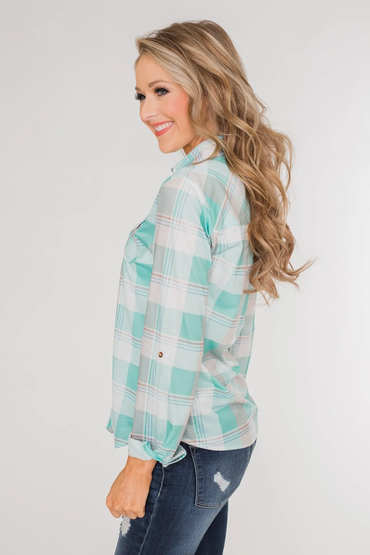 Signals to You Plaid Button-Up Top- Tiffany Blue