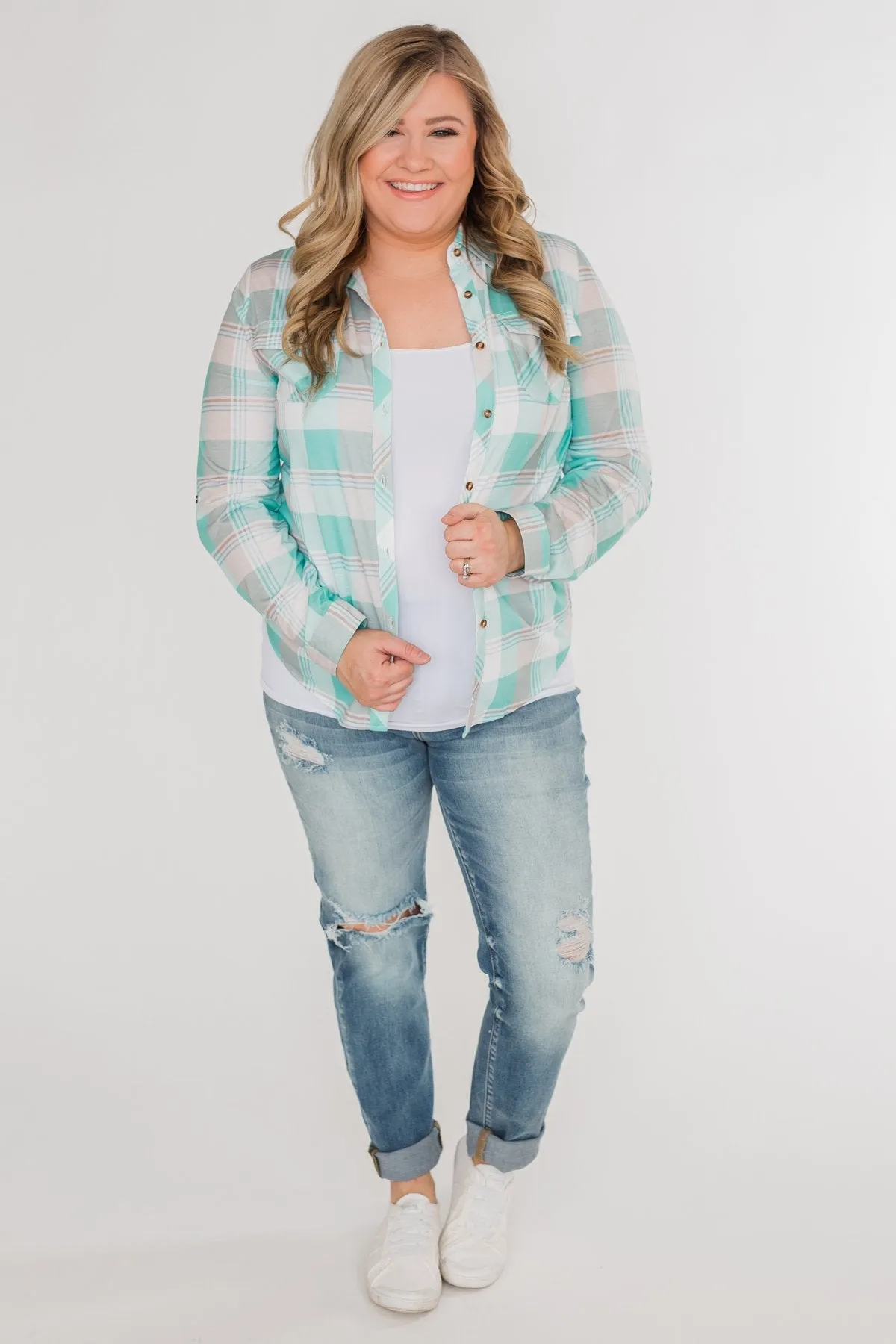 Signals to You Plaid Button-Up Top- Tiffany Blue