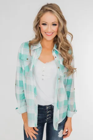 Signals to You Plaid Button-Up Top- Tiffany Blue