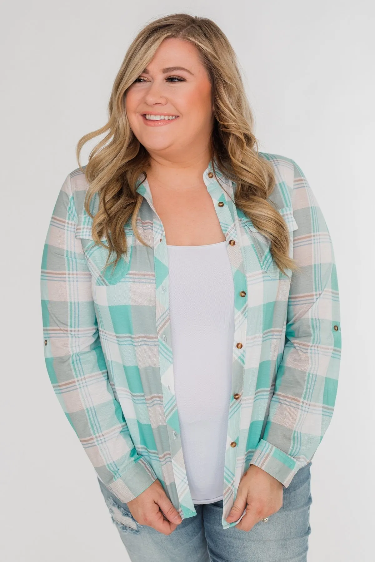 Signals to You Plaid Button-Up Top- Tiffany Blue