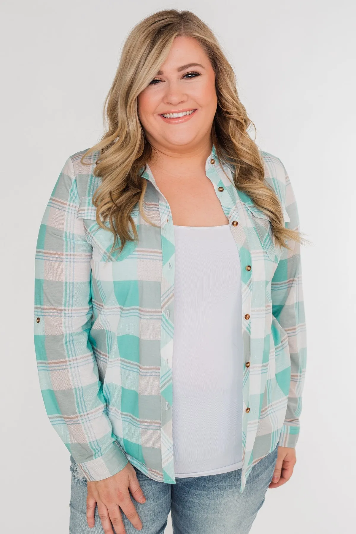 Signals to You Plaid Button-Up Top- Tiffany Blue