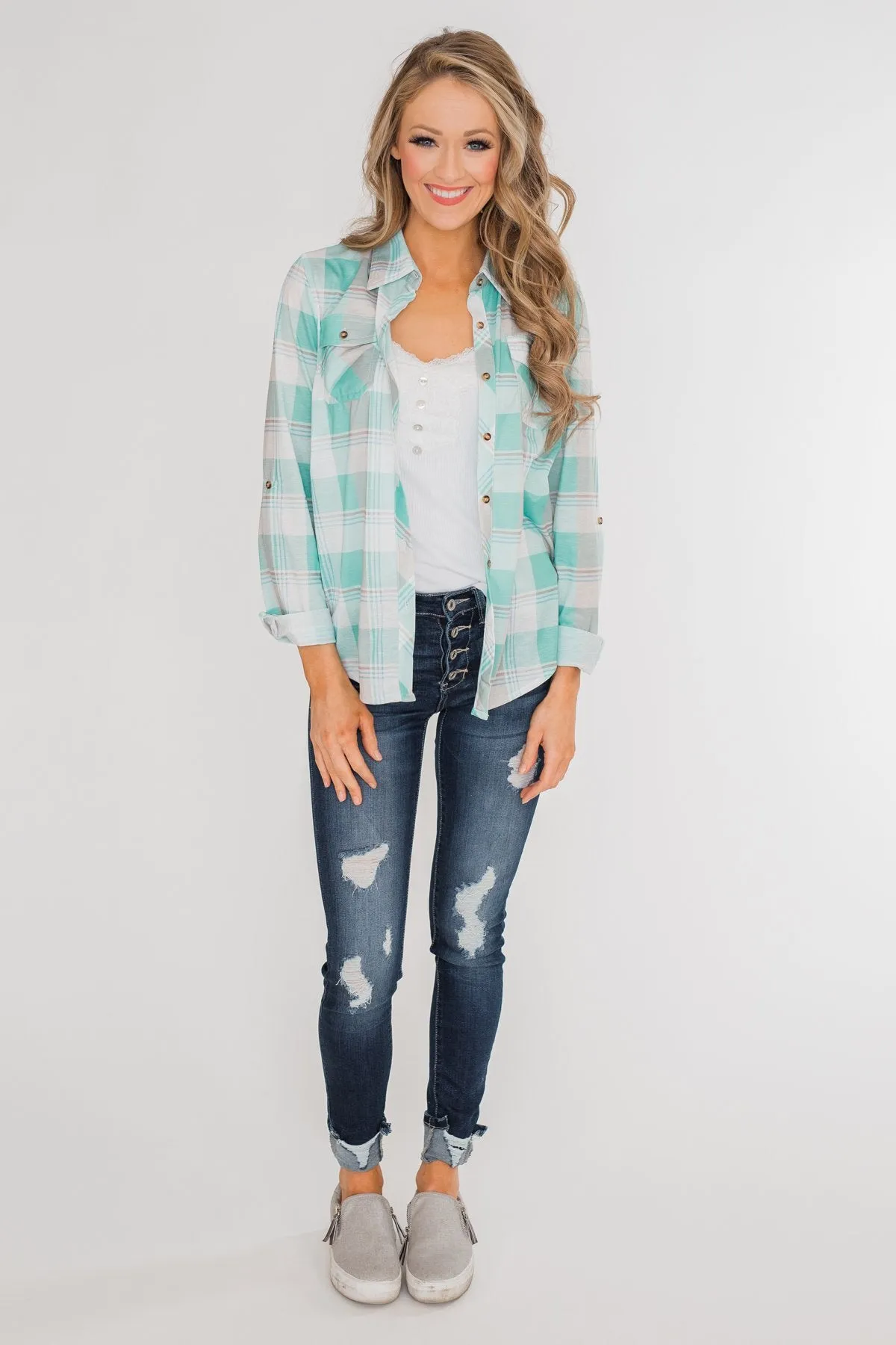 Signals to You Plaid Button-Up Top- Tiffany Blue