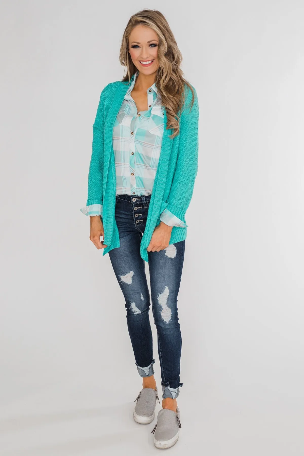Signals to You Plaid Button-Up Top- Tiffany Blue