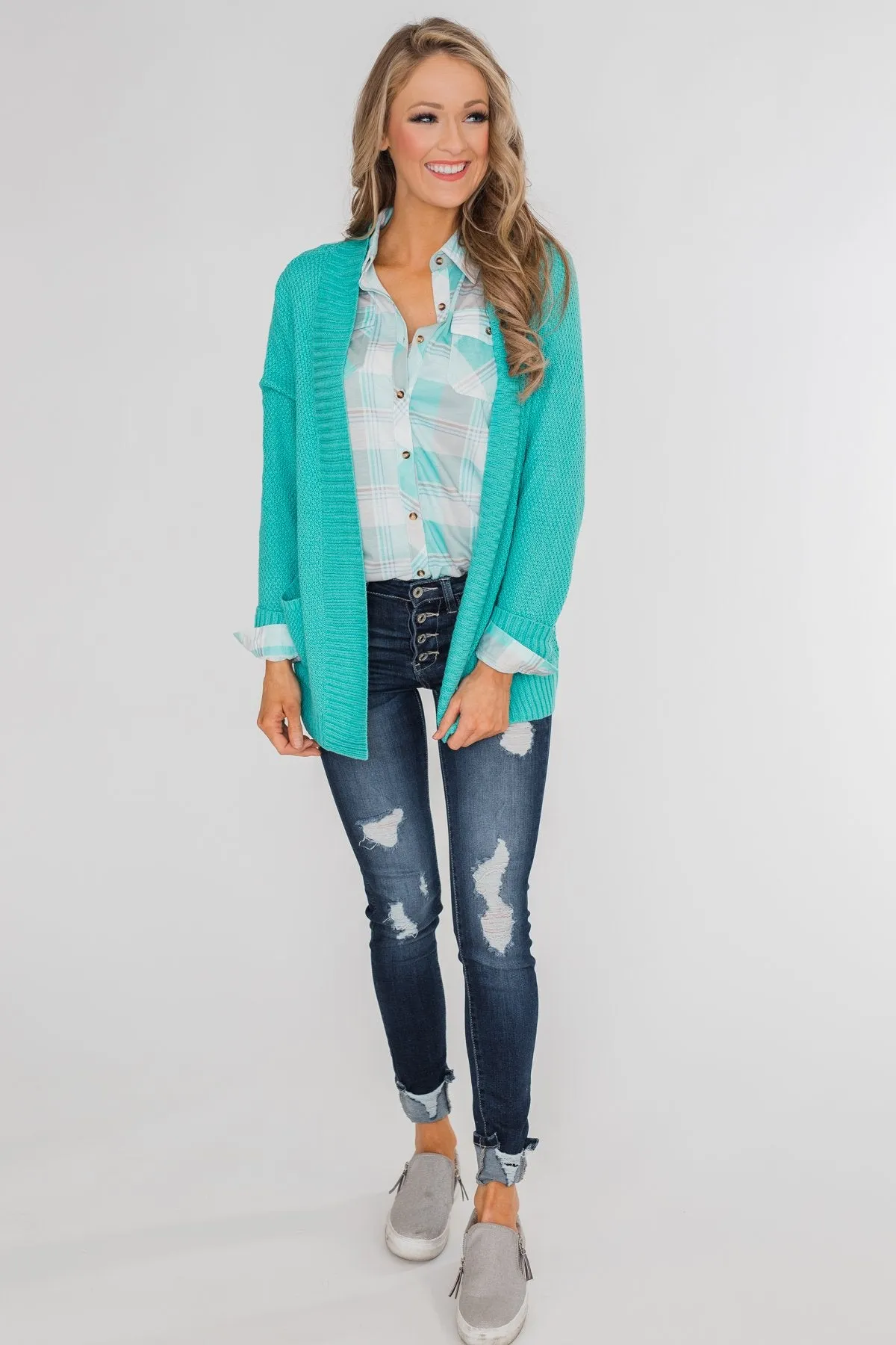 Signals to You Plaid Button-Up Top- Tiffany Blue
