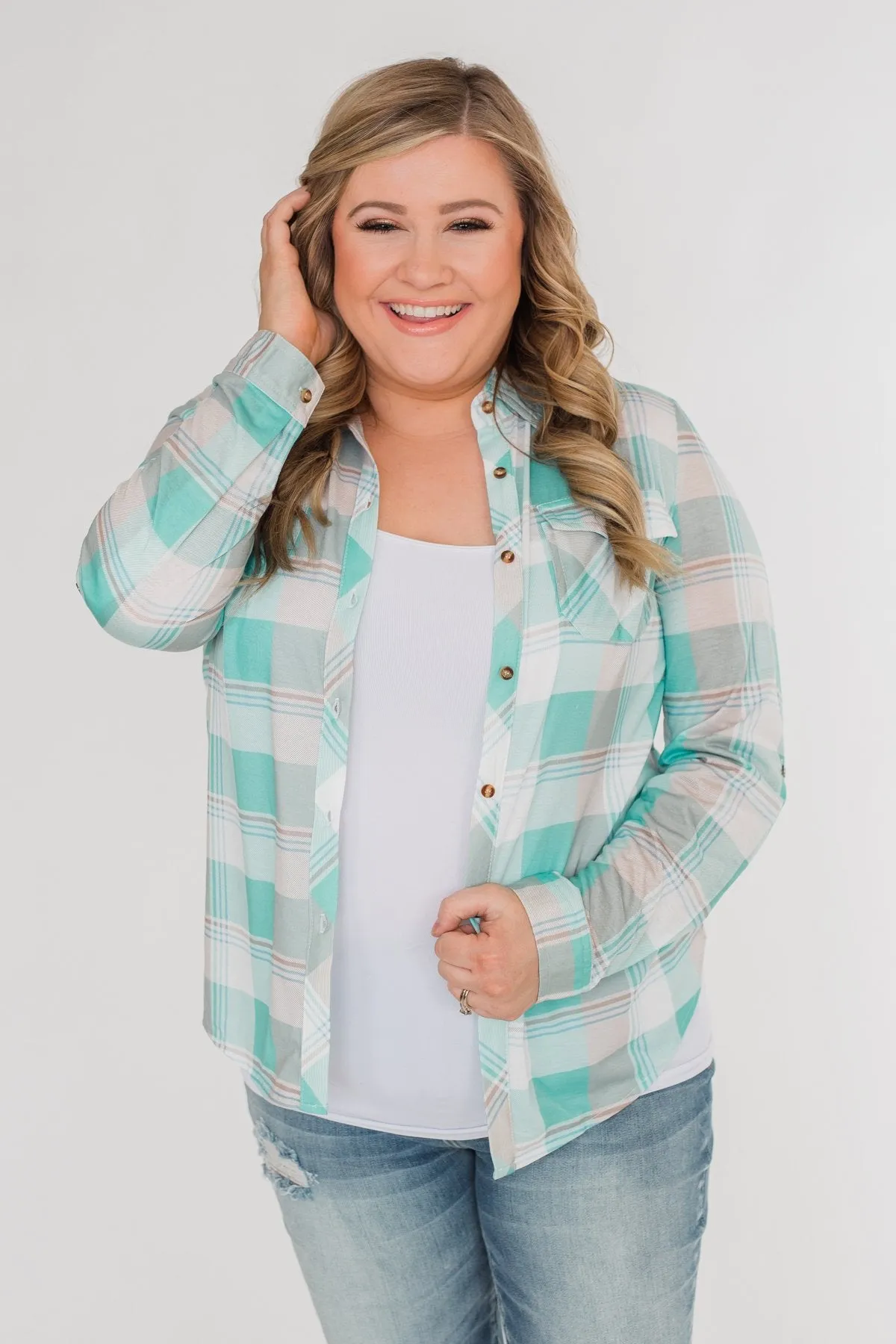 Signals to You Plaid Button-Up Top- Tiffany Blue