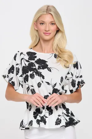 SMOCKING WAIST DRAPE PEPLUM BLOUSE