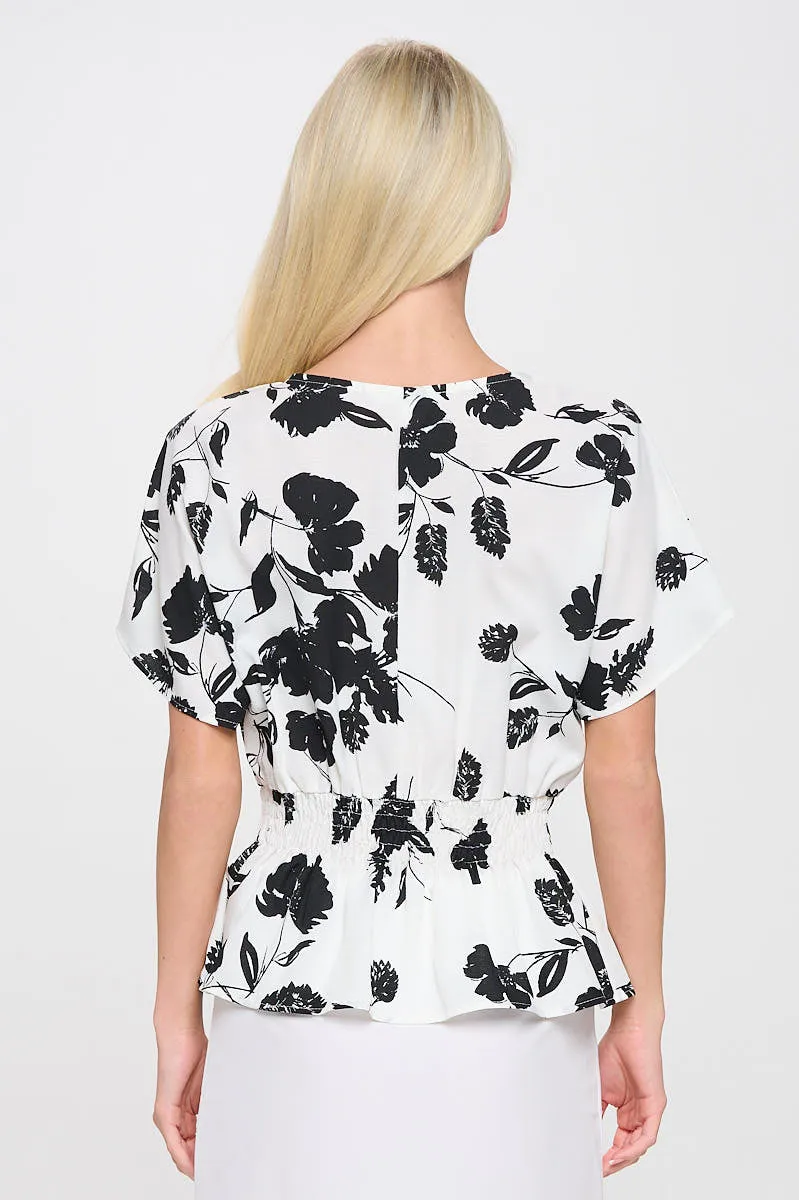 SMOCKING WAIST DRAPE PEPLUM BLOUSE