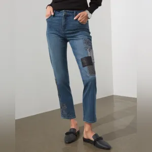SO SLIMMINGGirlfriend Embroidered Patches Ankle Jeans Black Accents - 8R