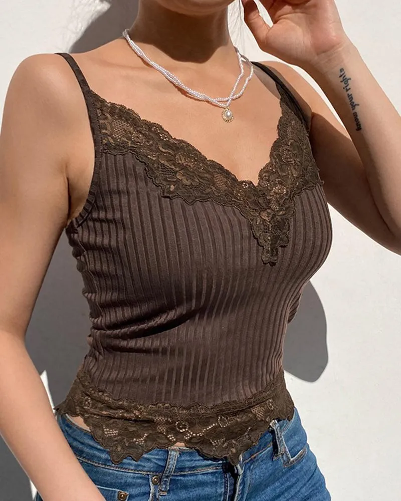 Solid Color Ribbed Splicing Lace Sling Tank