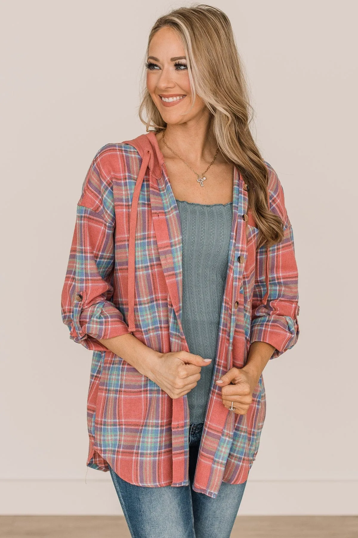 Stealing Hearts Plaid Button Top- Dark Coral & Blue
