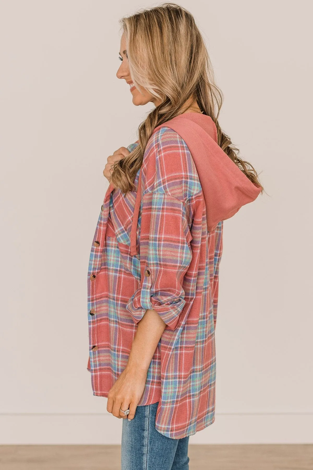 Stealing Hearts Plaid Button Top- Dark Coral & Blue