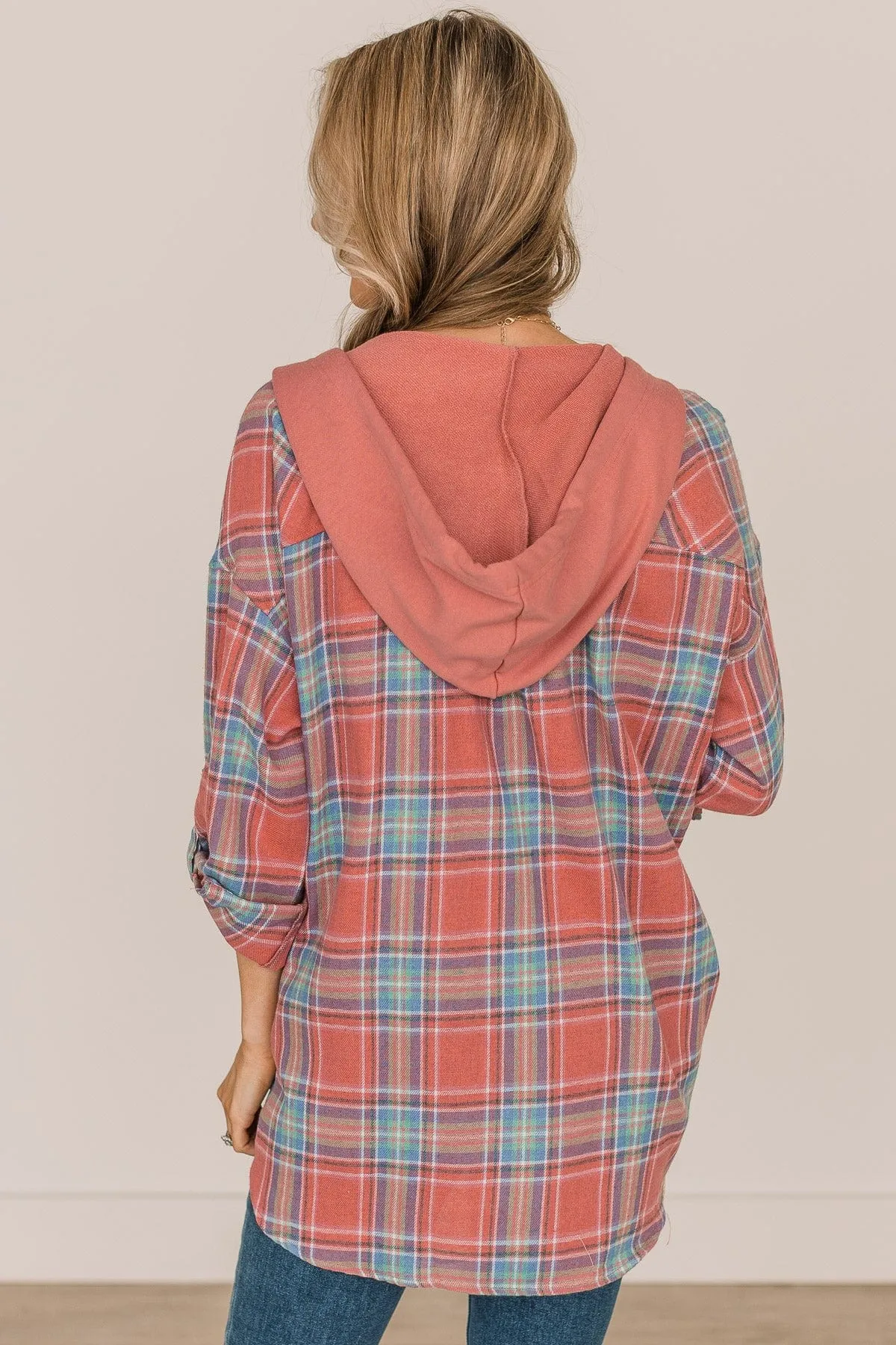 Stealing Hearts Plaid Button Top- Dark Coral & Blue
