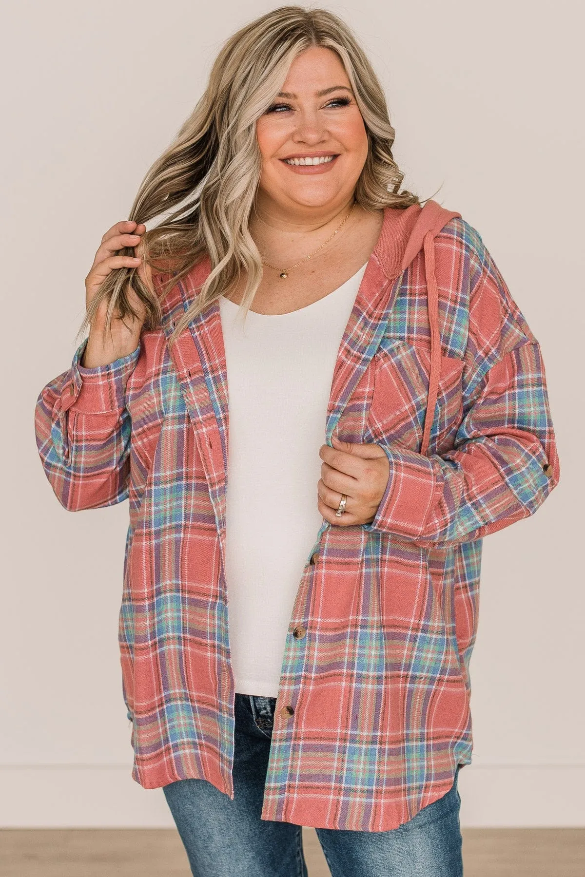 Stealing Hearts Plaid Button Top- Dark Coral & Blue