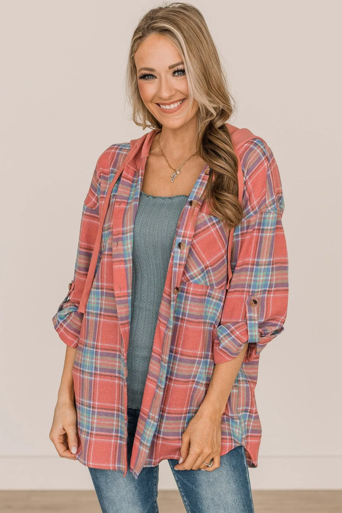 Stealing Hearts Plaid Button Top- Dark Coral & Blue