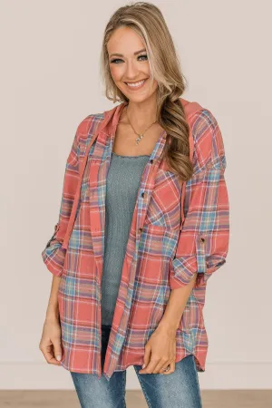 Stealing Hearts Plaid Button Top- Dark Coral & Blue