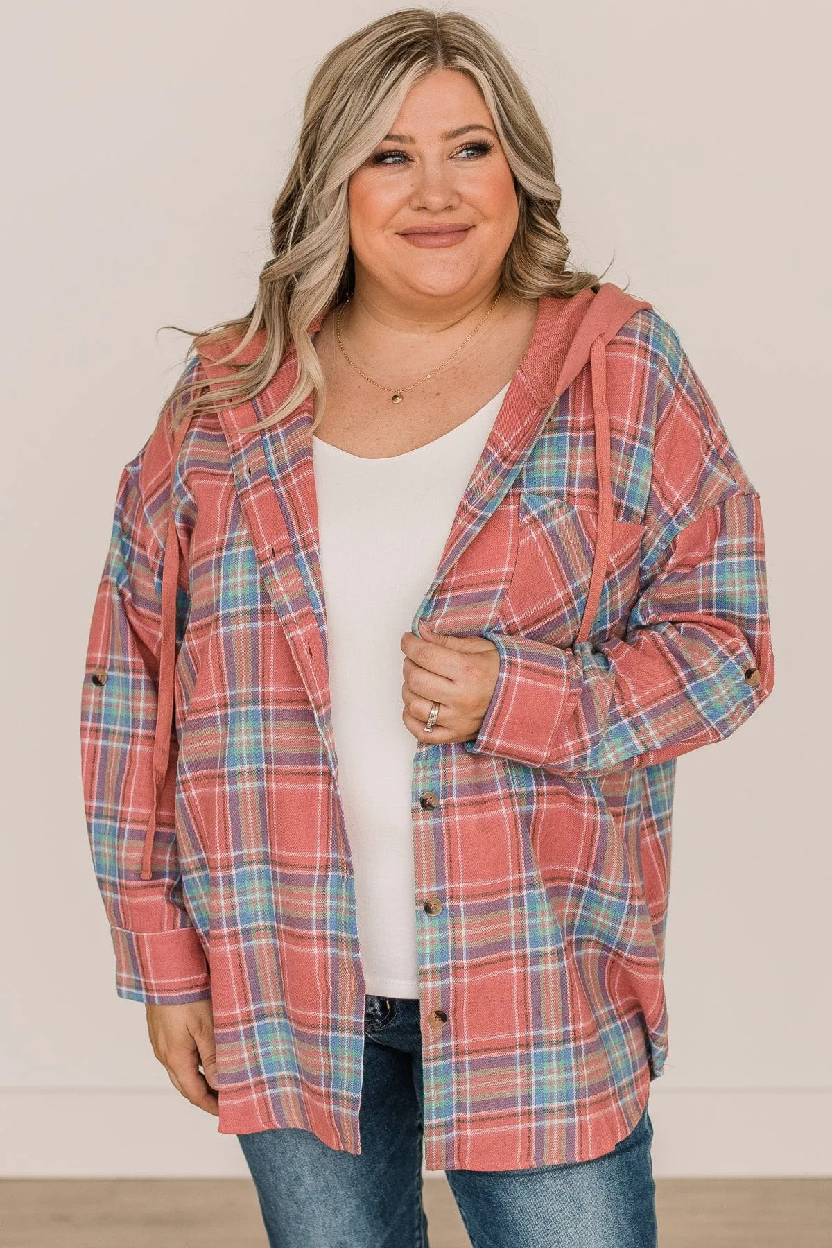 Stealing Hearts Plaid Button Top- Dark Coral & Blue