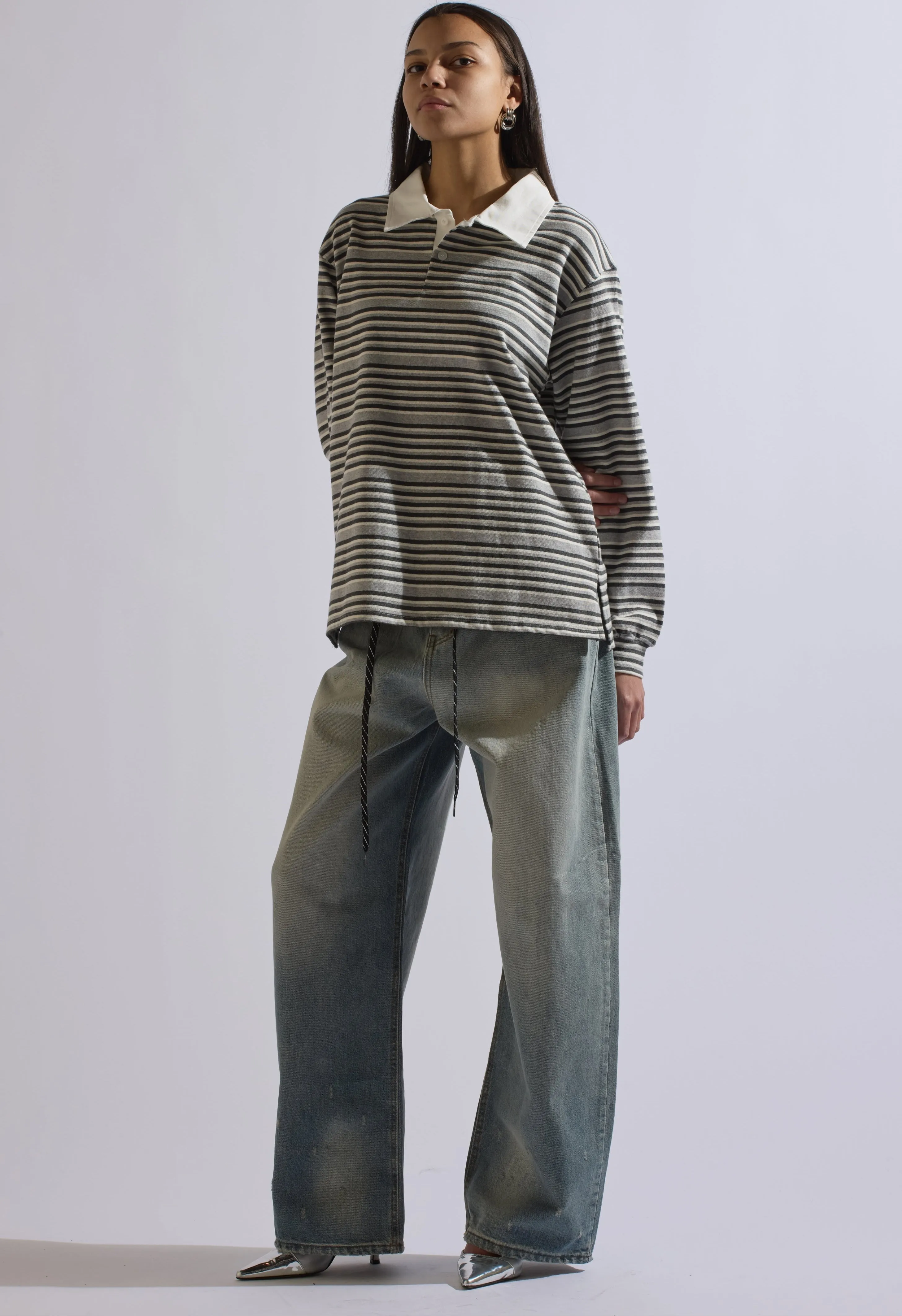 Stevie Striped Collared Long Sleeve in Grey