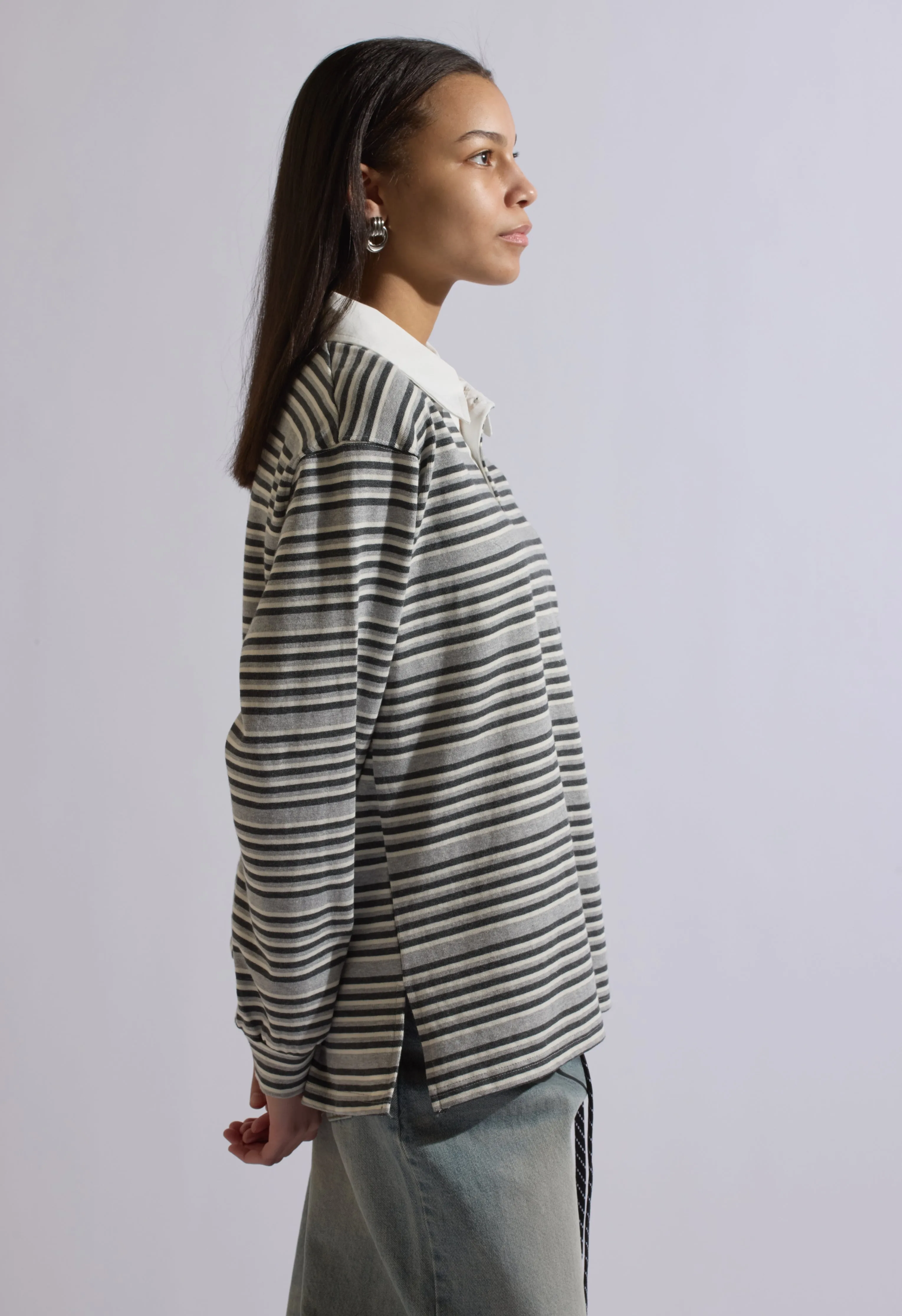 Stevie Striped Collared Long Sleeve in Grey