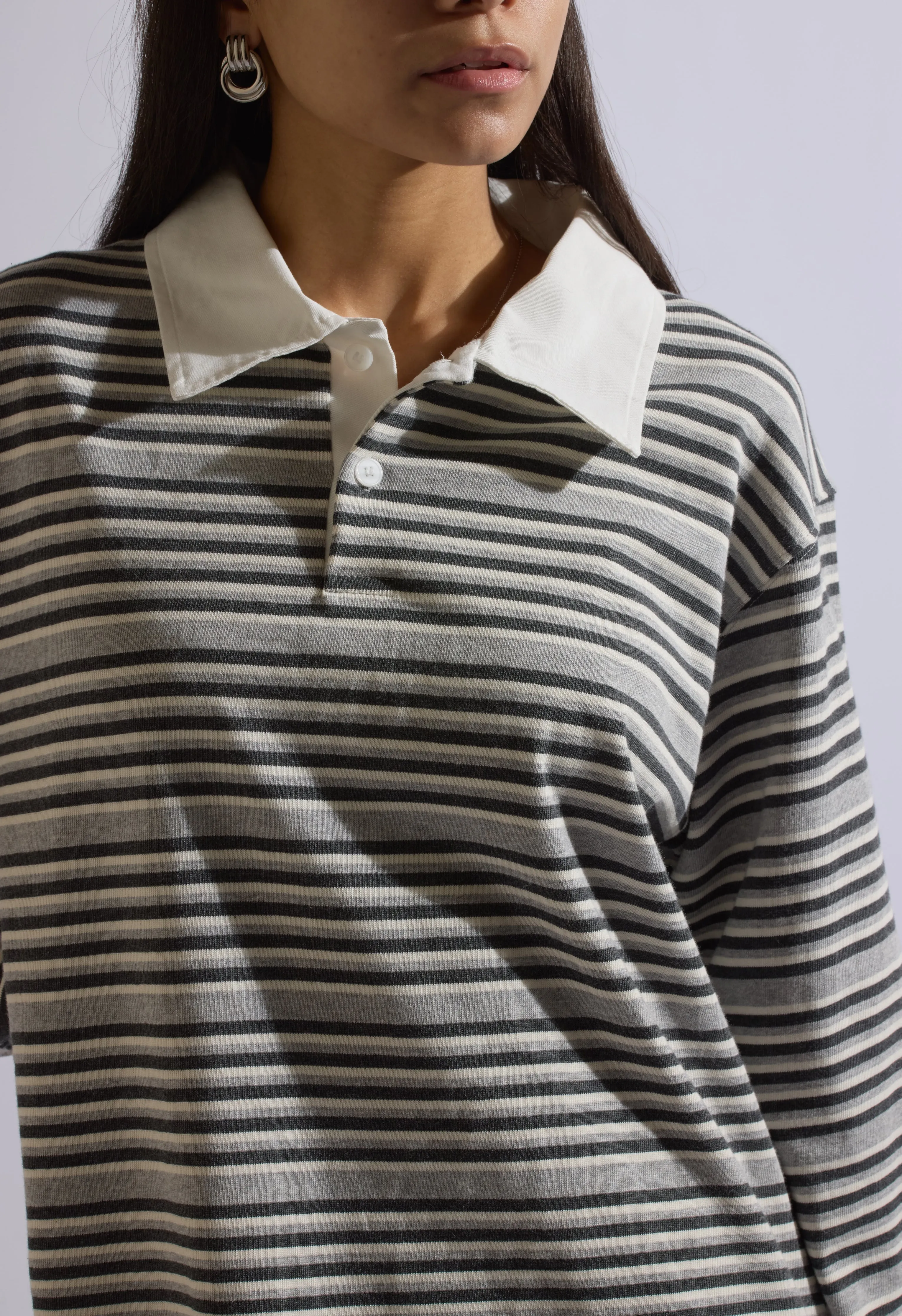 Stevie Striped Collared Long Sleeve in Grey