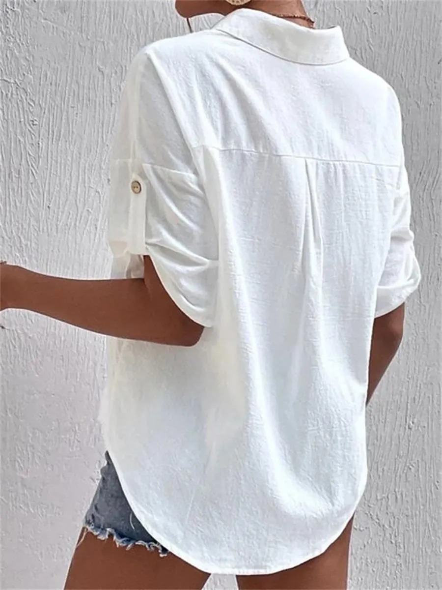 Stunncal Long Sleeves Pocket Lapel Cotton Linen Shirt