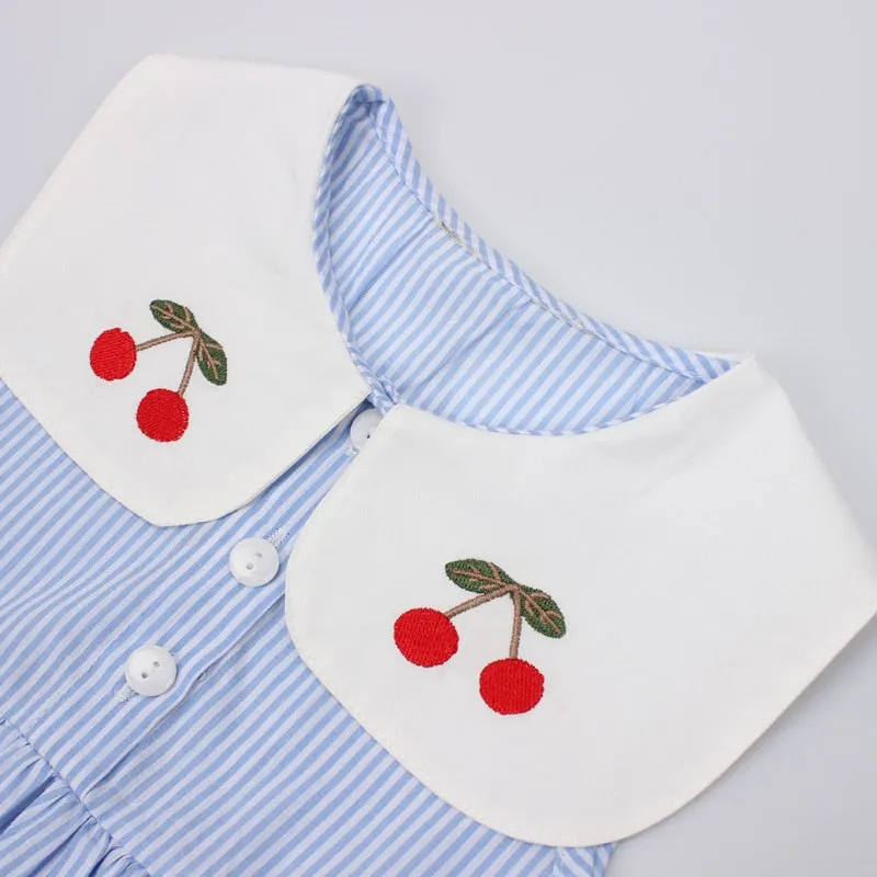 Summer Fancy Princess Dress Embroidered with Сherries  - Sky Blue
