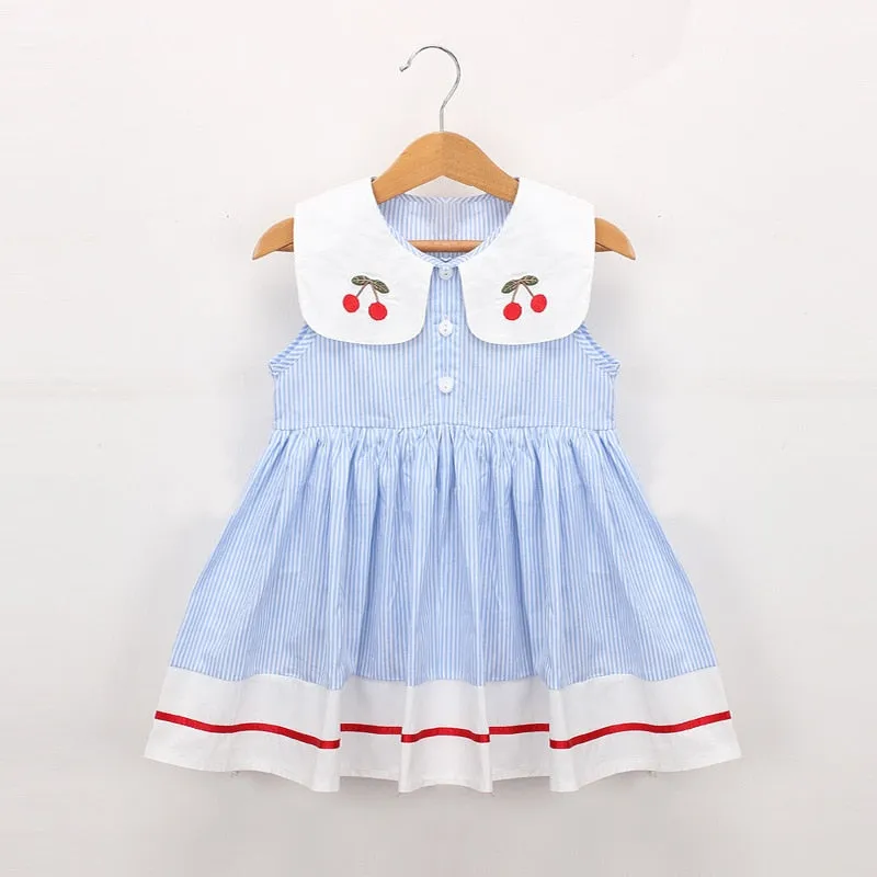 Summer Fancy Princess Dress Embroidered with Сherries  - Sky Blue