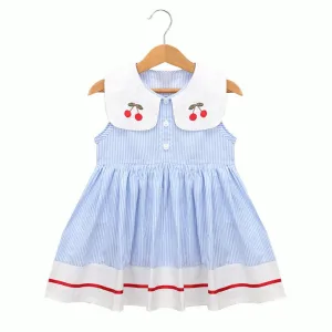 Summer Fancy Princess Dress Embroidered with Сherries  - Sky Blue