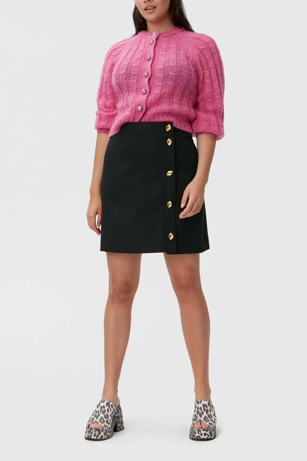 Summer Suiting Button Closure Mini Skirt in Black