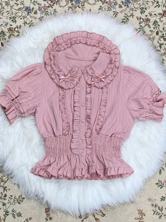 Sweet Lolita Blouses Ecru White Lolita Top Short Sleeves Pleated Ruffles Lolita Shirt