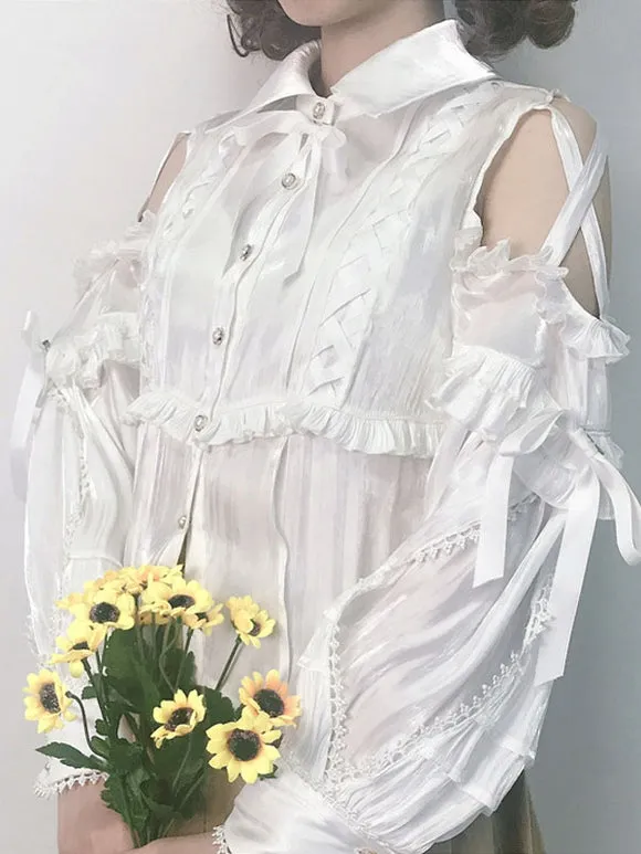 Sweet Lolita Blouses Polyester Lace Up Long Sleeves Casual Top Light Apricot Lolita Shirt