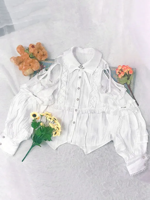 Sweet Lolita Blouses Polyester Lace Up Long Sleeves Casual Top Light Apricot Lolita Shirt