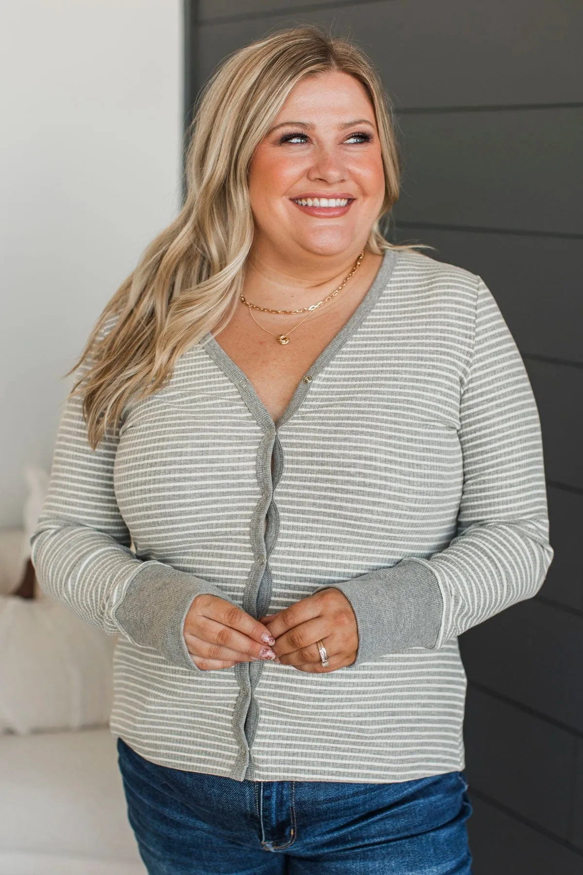 Sweetest Memory Striped Button Cardigan- Heather Grey