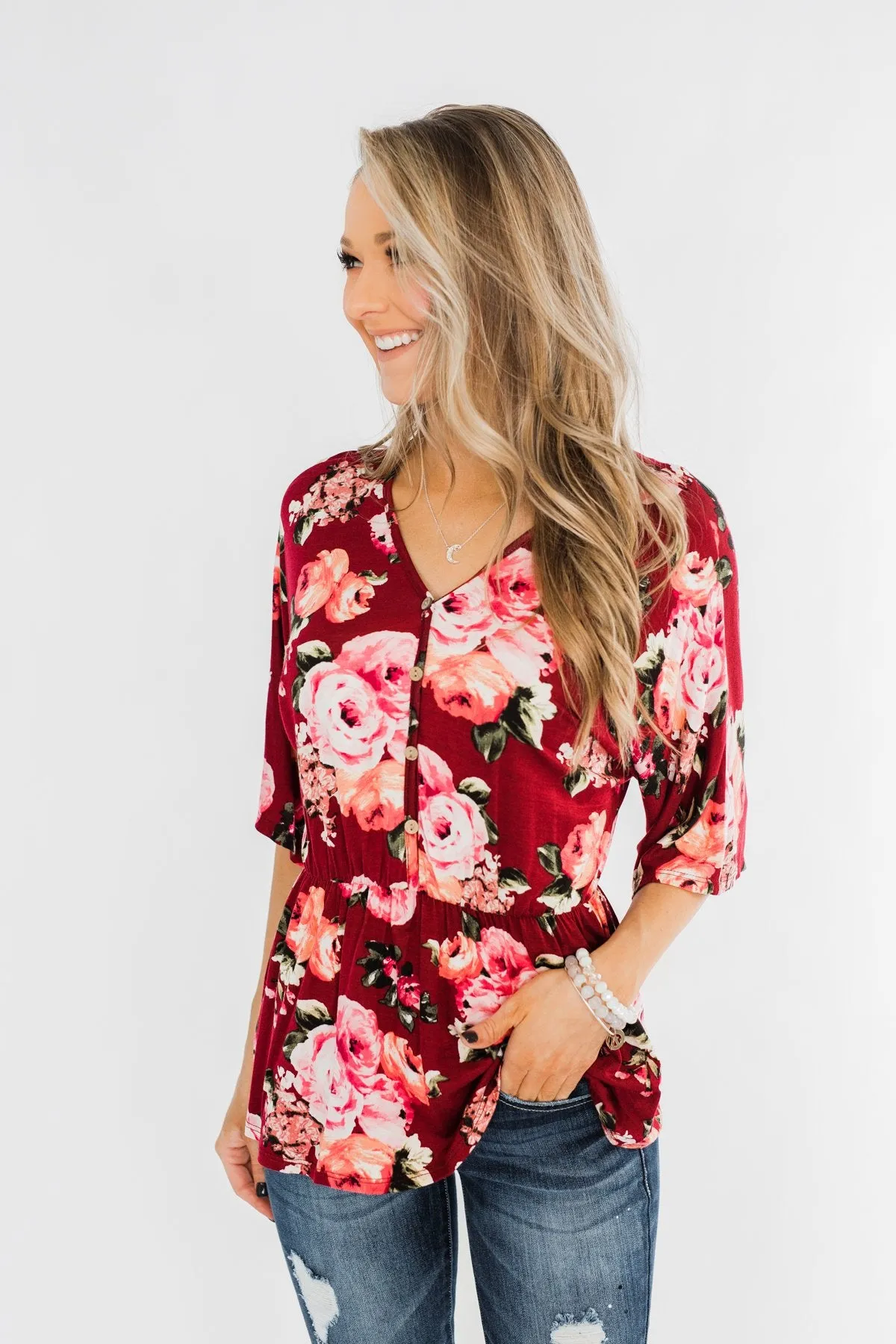 The Way To My Heart Floral Button Top- Burgundy