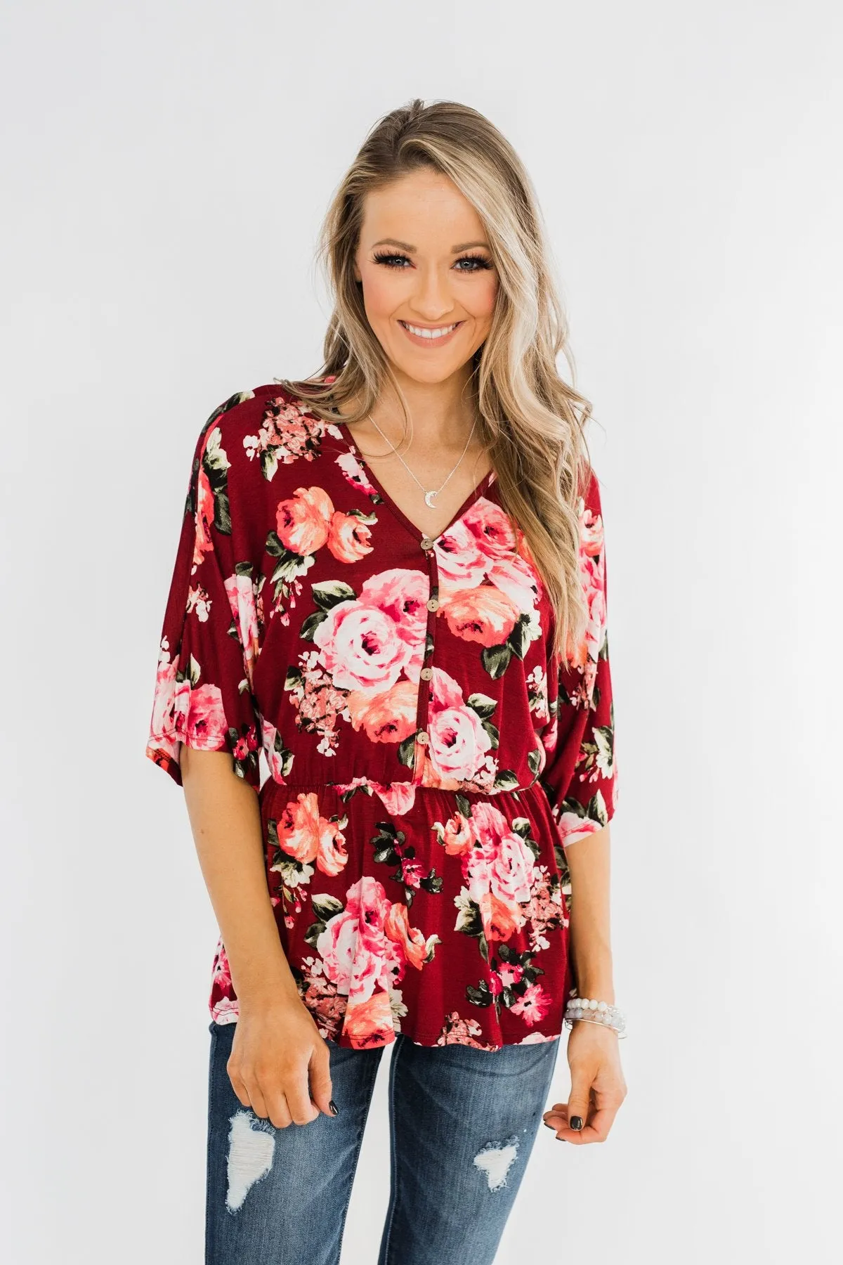 The Way To My Heart Floral Button Top- Burgundy