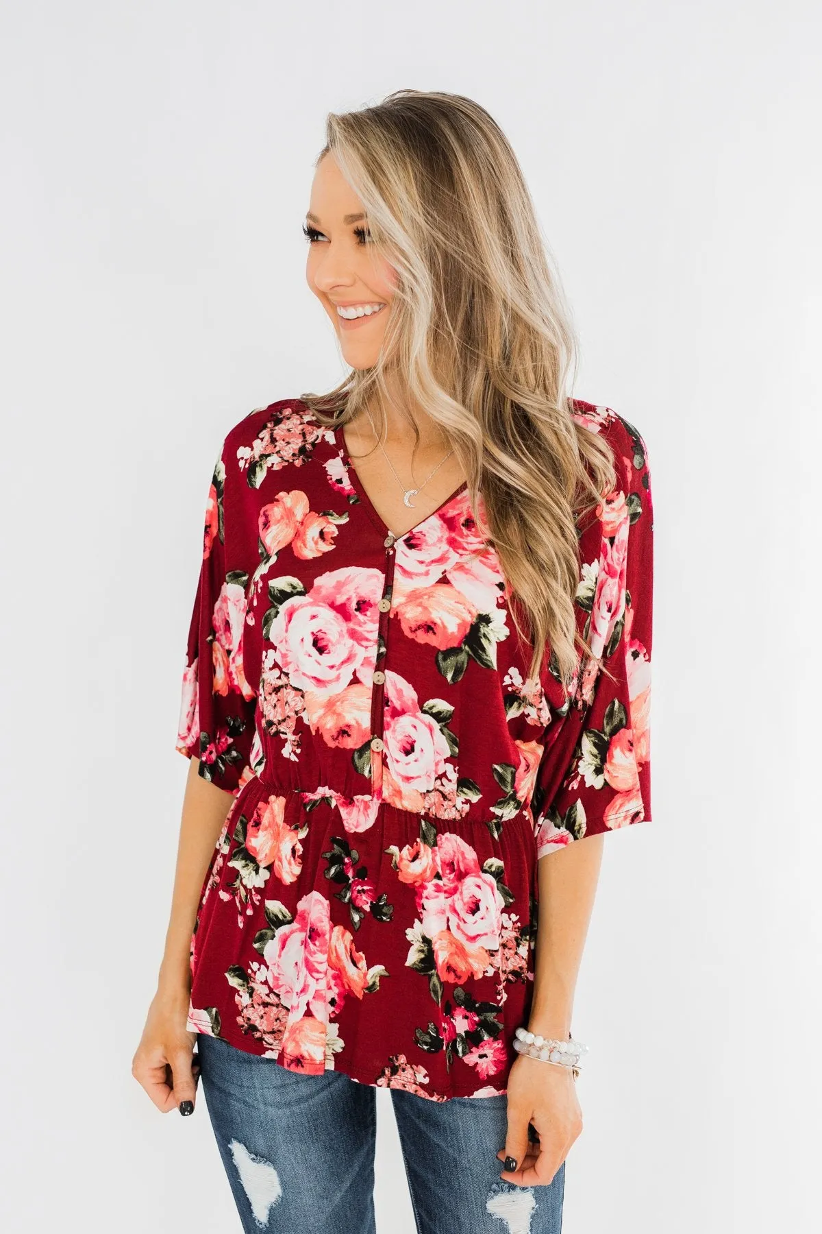 The Way To My Heart Floral Button Top- Burgundy