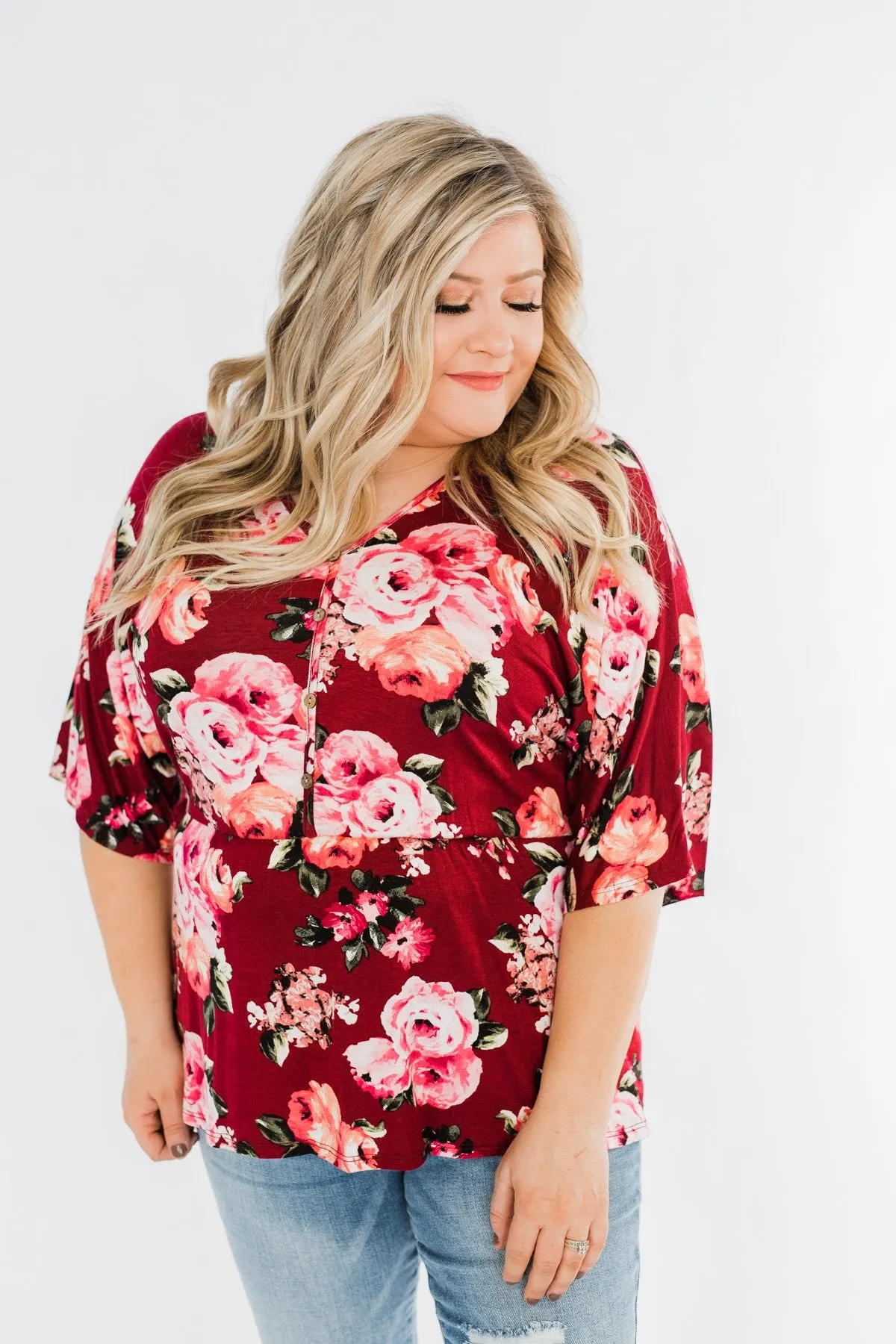 The Way To My Heart Floral Button Top- Burgundy