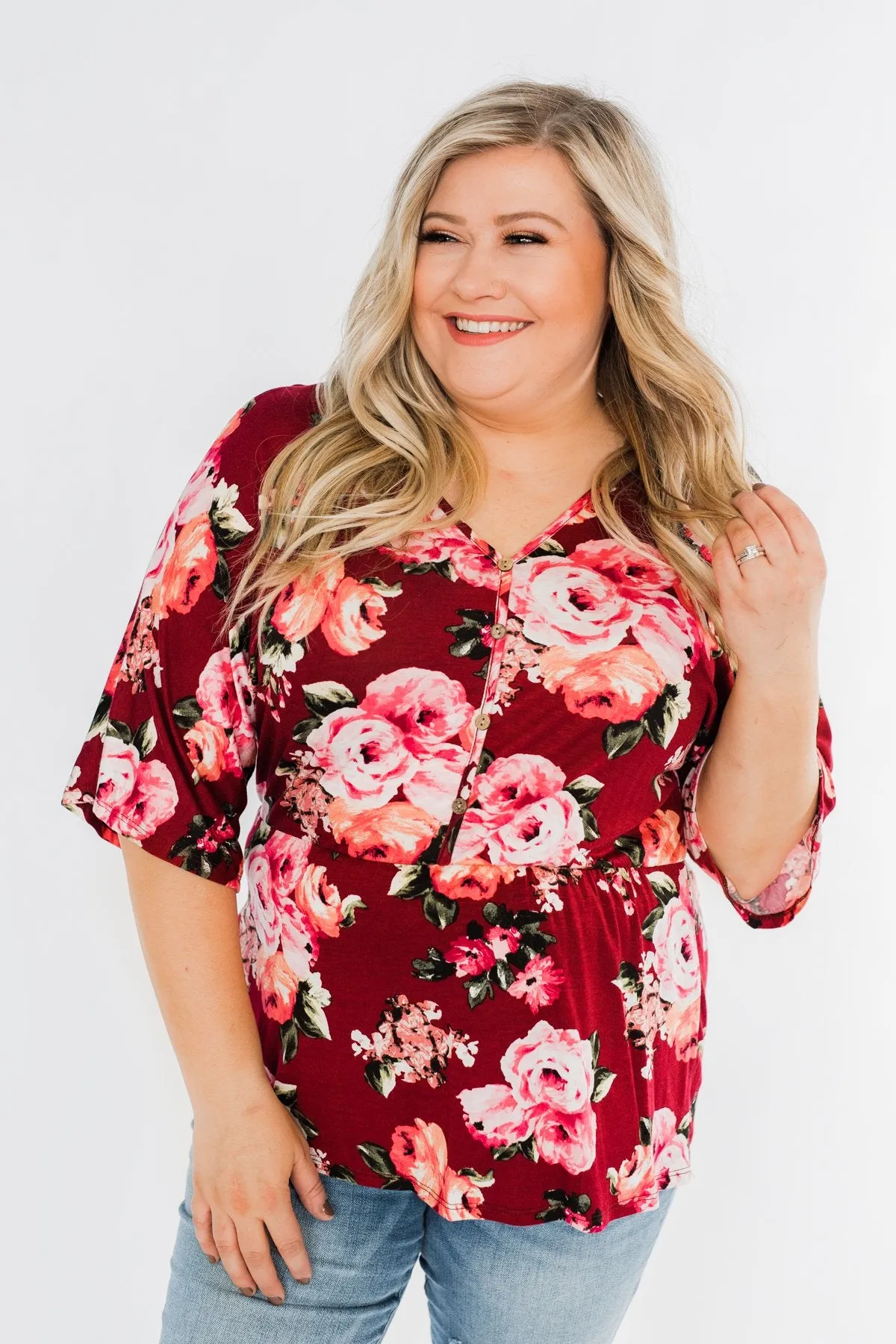 The Way To My Heart Floral Button Top- Burgundy