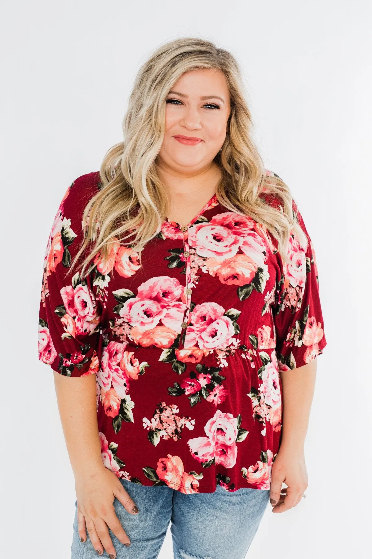 The Way To My Heart Floral Button Top- Burgundy