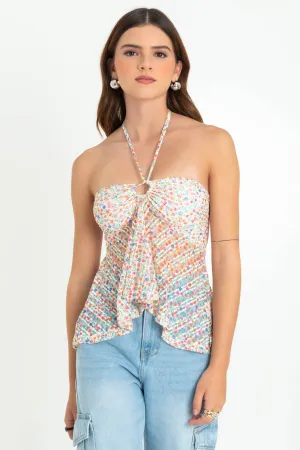 Top floral de mesh peplum con olanes