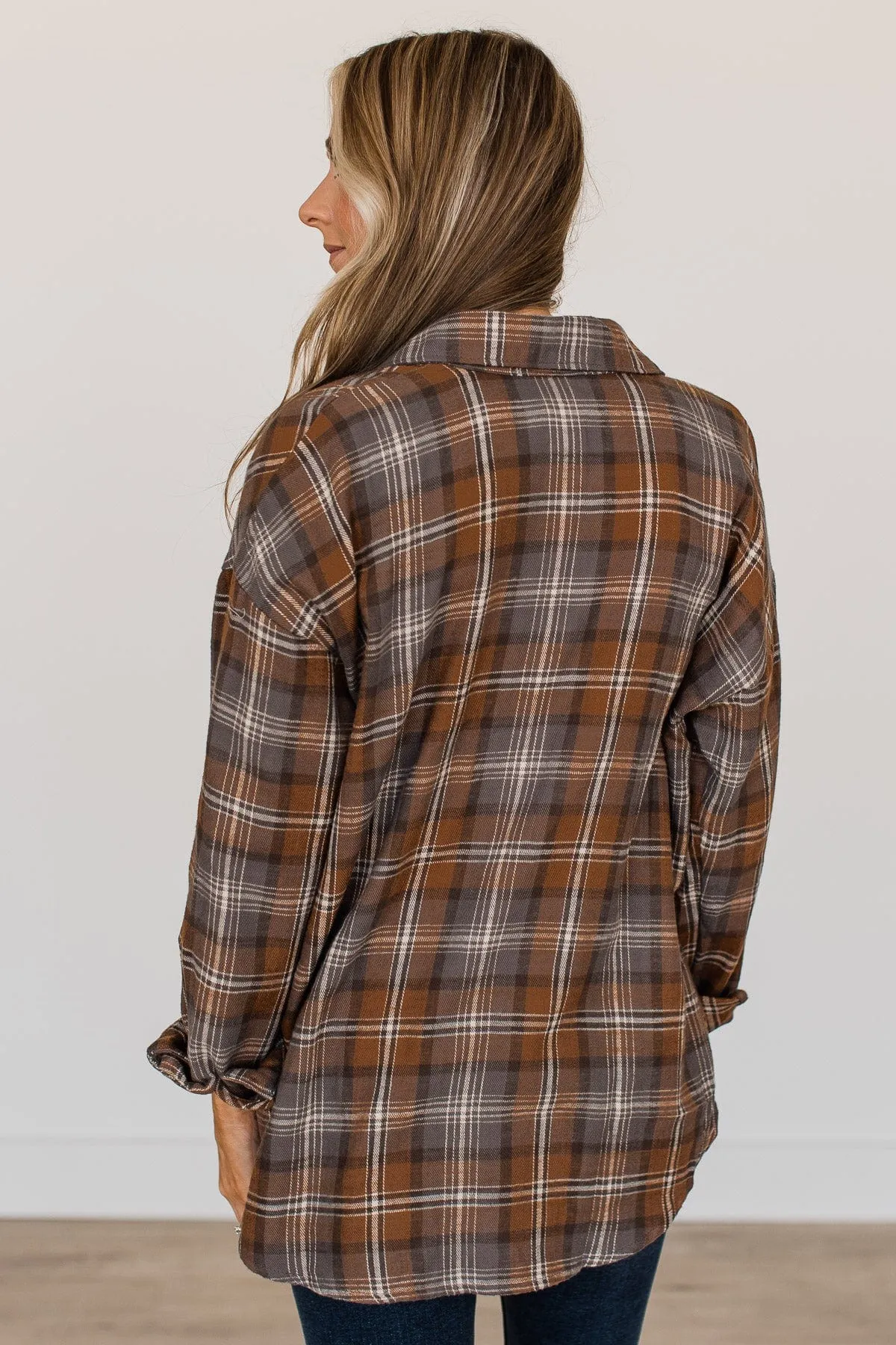 True To Myself Plaid Button Top- Brown & Charcoal