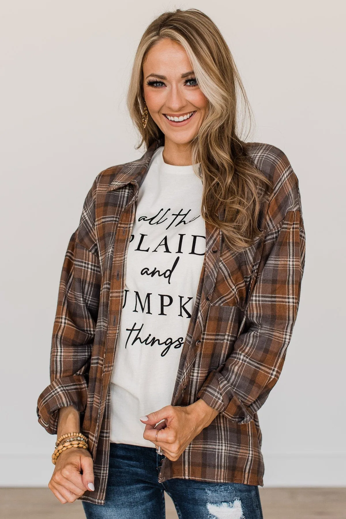 True To Myself Plaid Button Top- Brown & Charcoal