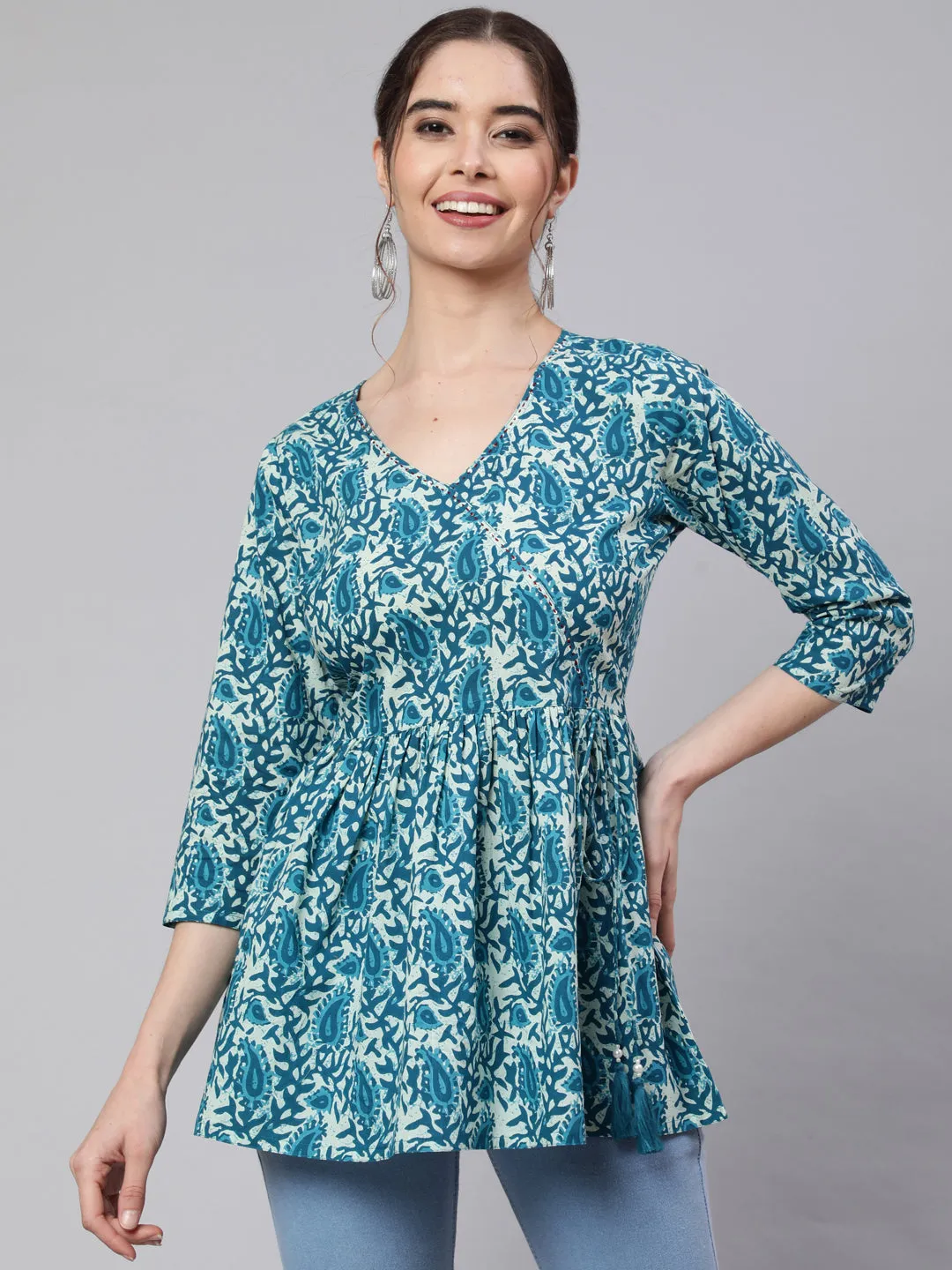 Turquoise Hand Kantha Peplum Top