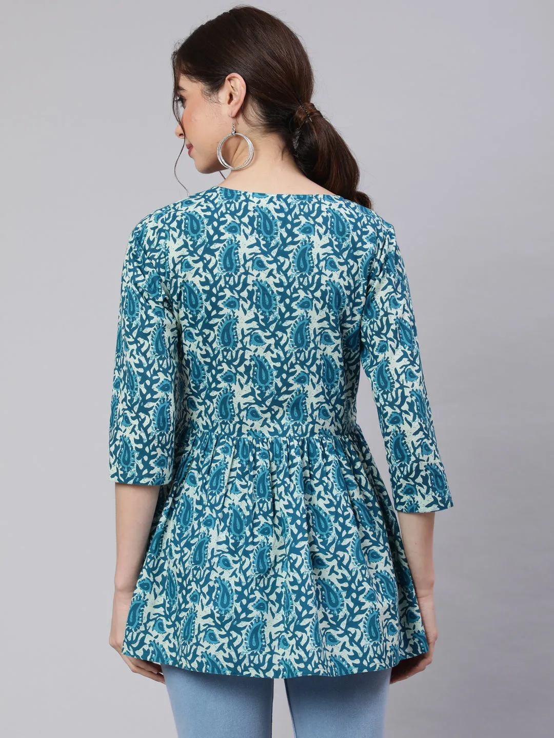 Turquoise Hand Kantha Peplum Top